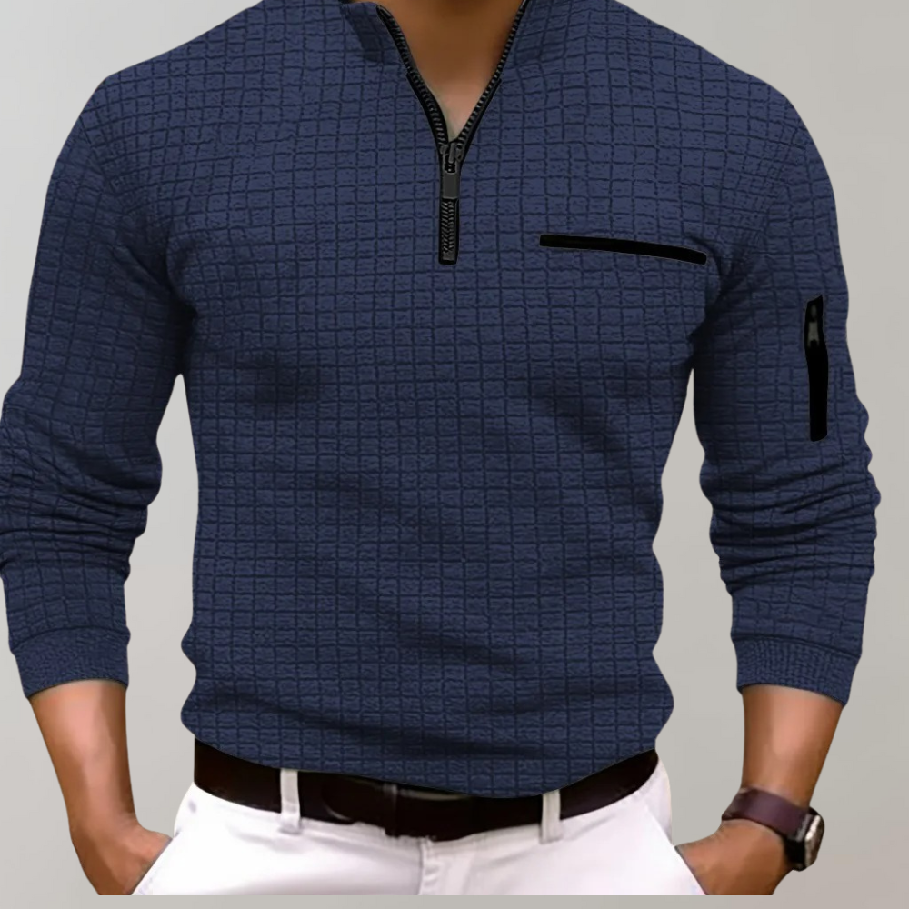 Classic fit men's long sleeve cotton polo in Jasper, ideal for comfortable, stylish everyday or semi-formal fashion.