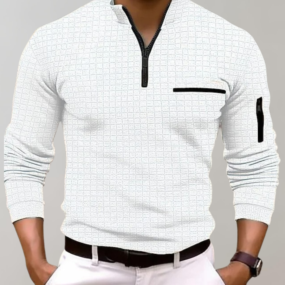 Stylish Men's Jasper Classic Fit long sleeve polo shirt, a timeless cotton top for elegant casual men's fashion.