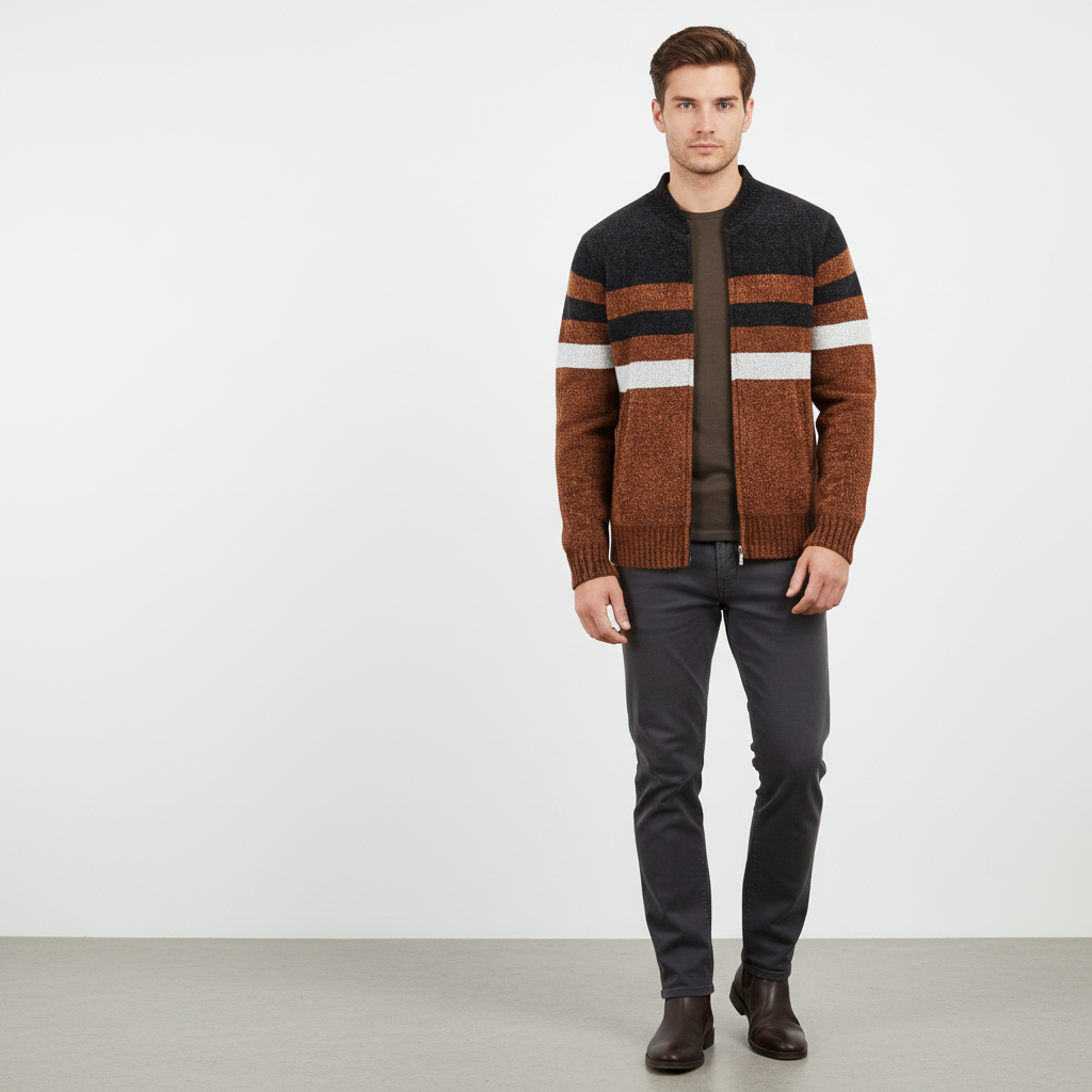 Sporty men's knitted sweater, Jimmy, featuring a zipper and modern striped design for comfort