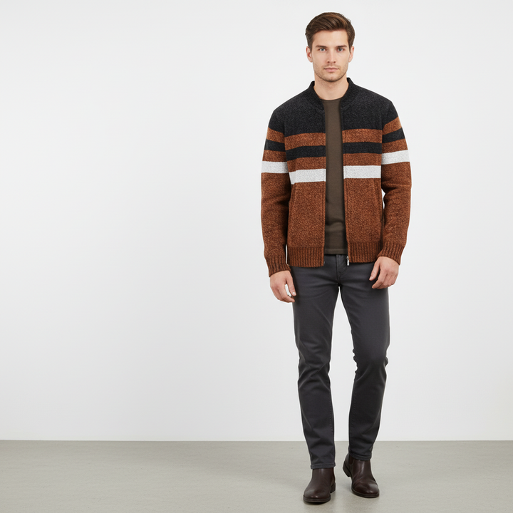 Sporty men's knitted sweater, Jimmy, featuring a zipper and modern striped design for comfort