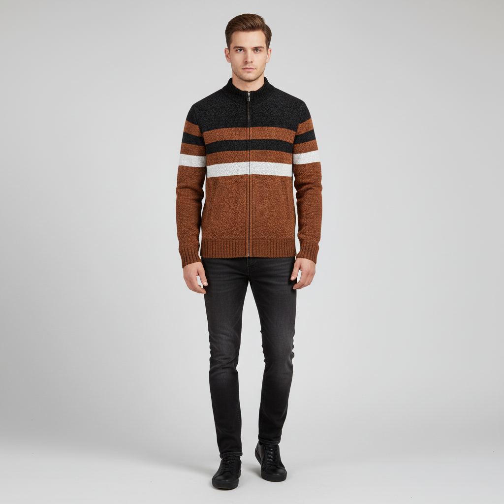 Casual men's Jimmy sweater: knitted, striped, and zippered for a comfortable autumn look
