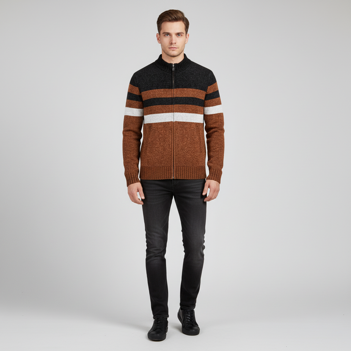 Casual men's Jimmy sweater: knitted, striped, and zippered for a comfortable autumn look