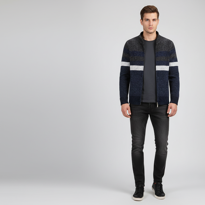 Jimmy men's sporty striped knit sweater with zipper, a versatile autumn and winter garment