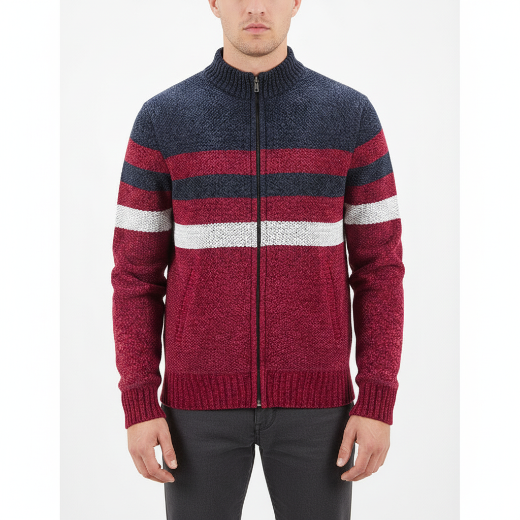 Comfortable men's sweater, Jimmy, with sporty stripes and a convenient zipper, knitted fabric