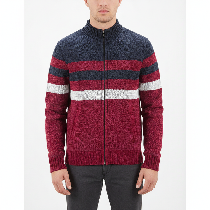 Comfortable men's sweater, Jimmy, with sporty stripes and a convenient zipper, knitted fabric