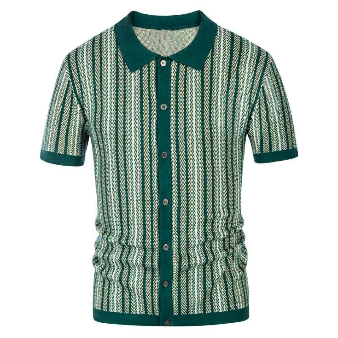 Julian men's chevron polo shirt, breathable fabric, short sleeve & button placket for modern casual comfort.