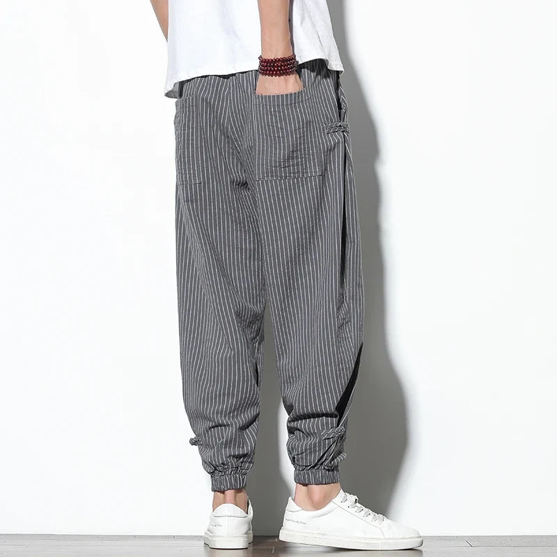 Comfortable men's striped lounge pants, Kaizen design, ideal for all-day wear.