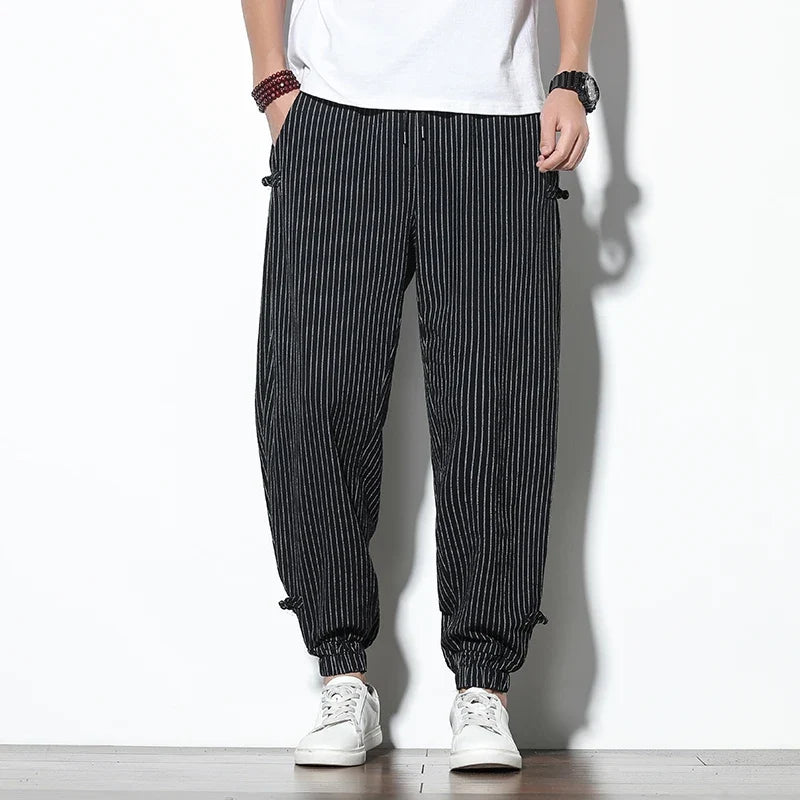 Japanese style men's joggers, featuring stripes, a relaxed fit for ultimate comfort.