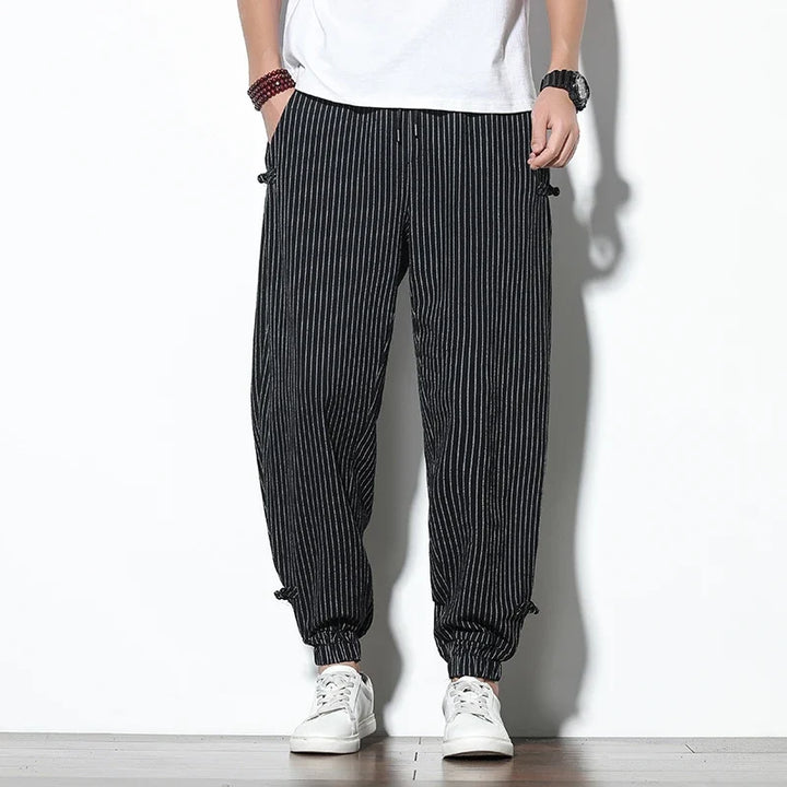 Japanese style men's joggers, featuring stripes, a relaxed fit for ultimate comfort.