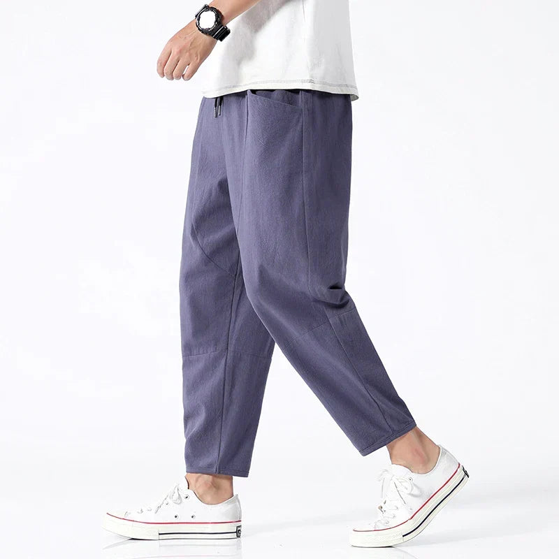 Men's Katachi tapered cropped pants, modern fit, adjustable waist, perfect for casual everyday wear.