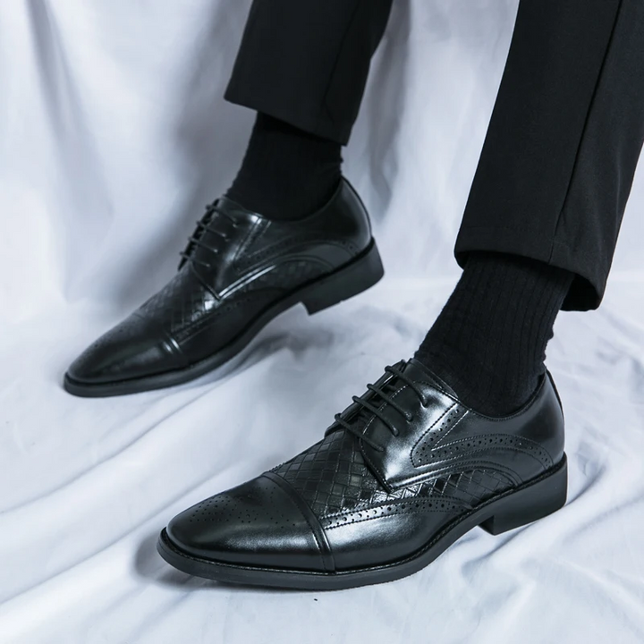 Back view of men's classic brogue dress shoes, highlighting the elegant silhouette and sturdy construction.