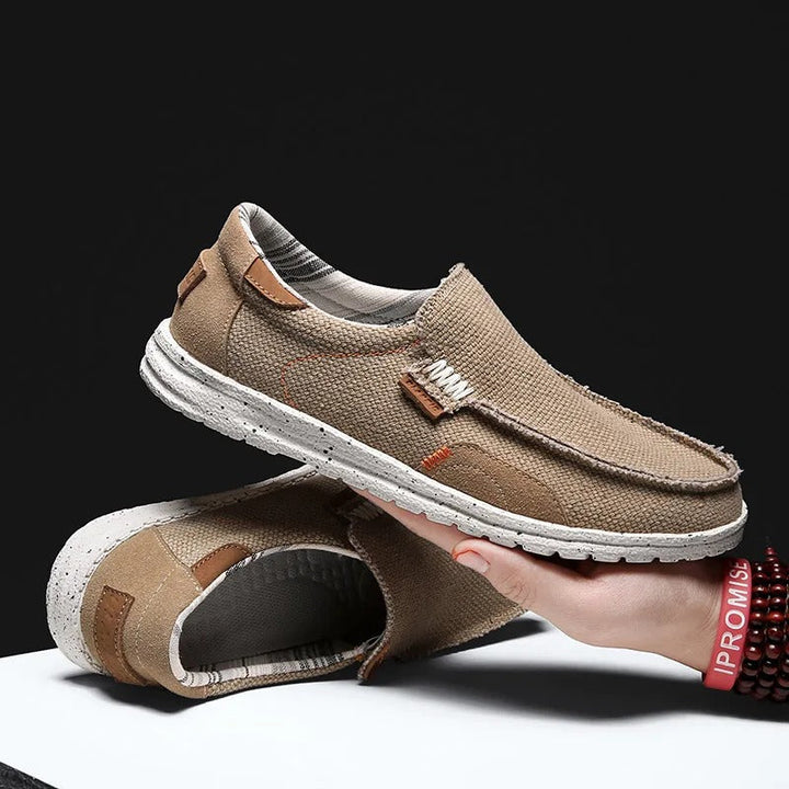 Men's comfortable khaki canvas slip-on walking shoes. Easy to wear for everyday spring & summer.