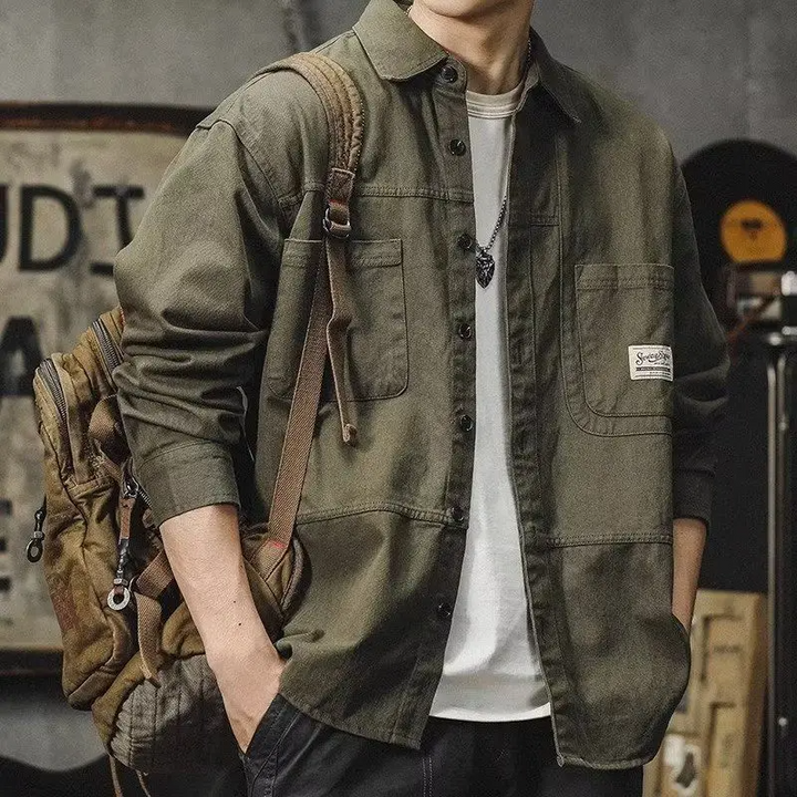Men's two-pocket Army Green Heritage Craftsman Button-Up shirt, a versatile casual workwear staple.