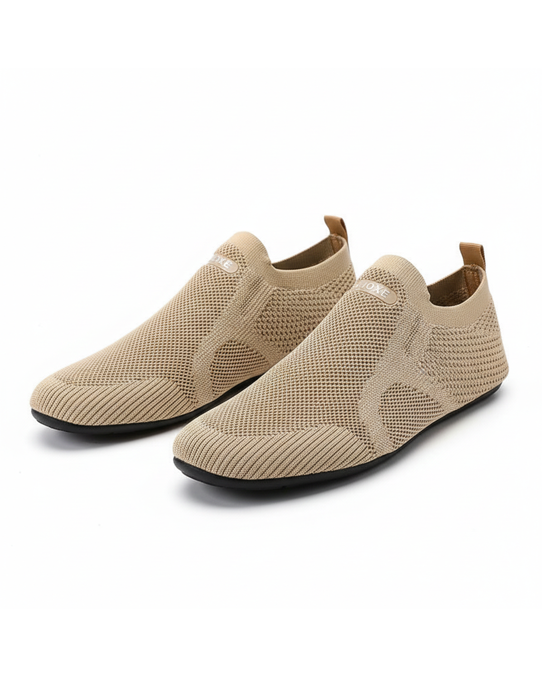 Men's khaki knit barefoot slip-on shoes. Lightweight, breathable comfort for casual wear.
