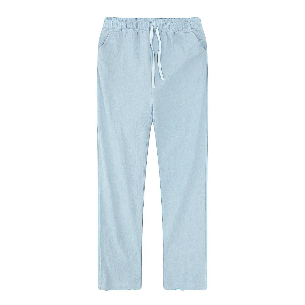 Khaki drawstring linen blend trousers for men, essential summer casual and breathable wear.