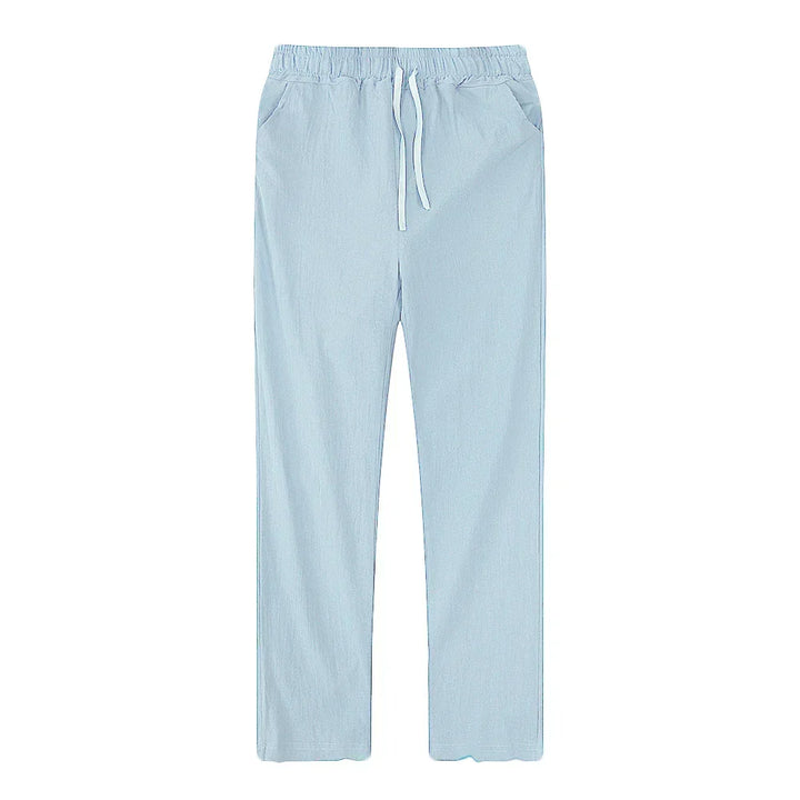Khaki drawstring linen blend trousers for men, essential summer casual and breathable wear.