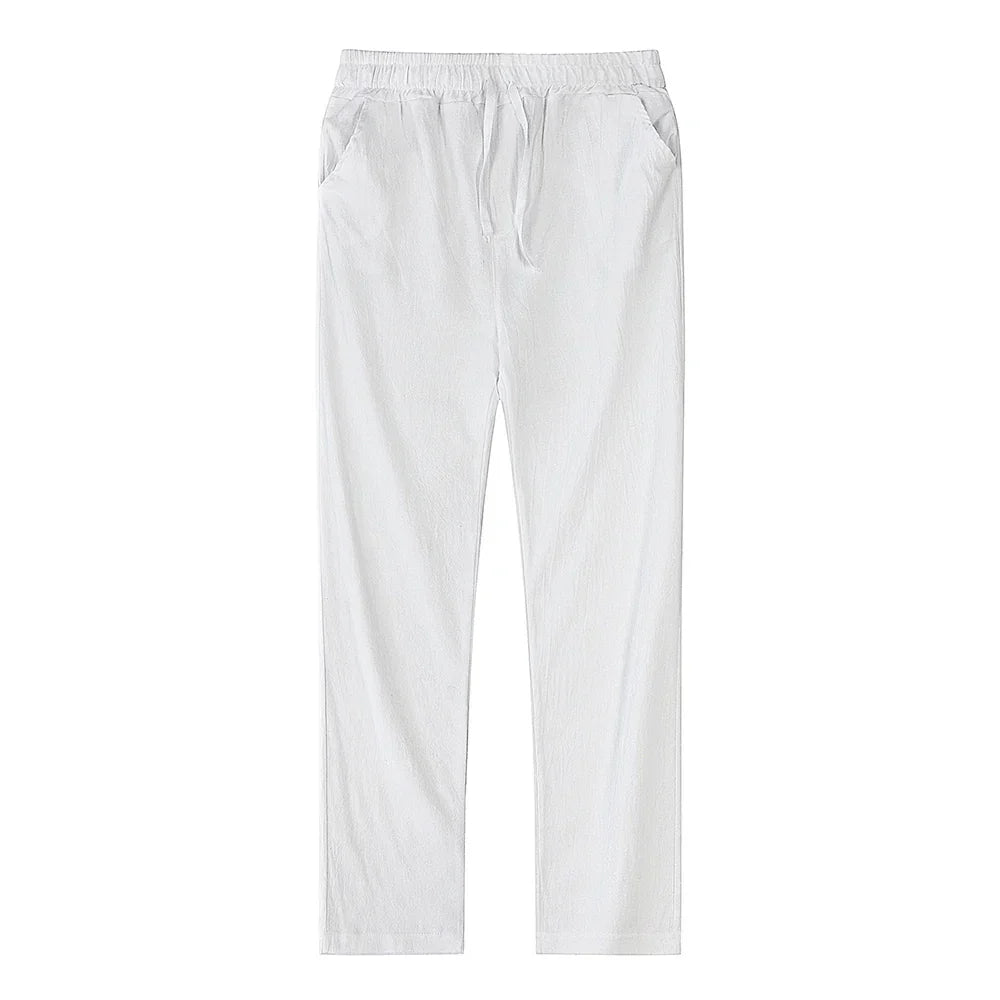 Men's breathable khaki linen blend casual trousers, offering relaxed fit and summer comfort.
