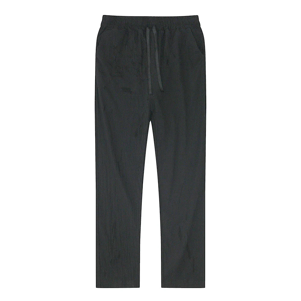 Stylish men's khaki linen blend trousers with drawstring, perfect for summer casual wear.