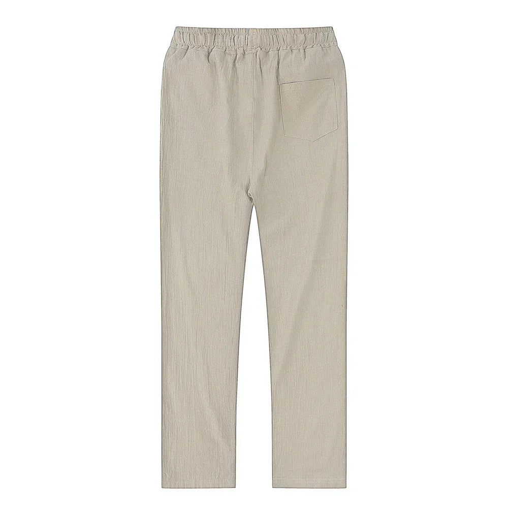 Relaxed fit men's khaki linen cotton blend trousers, ideal for breathable summer comfort.