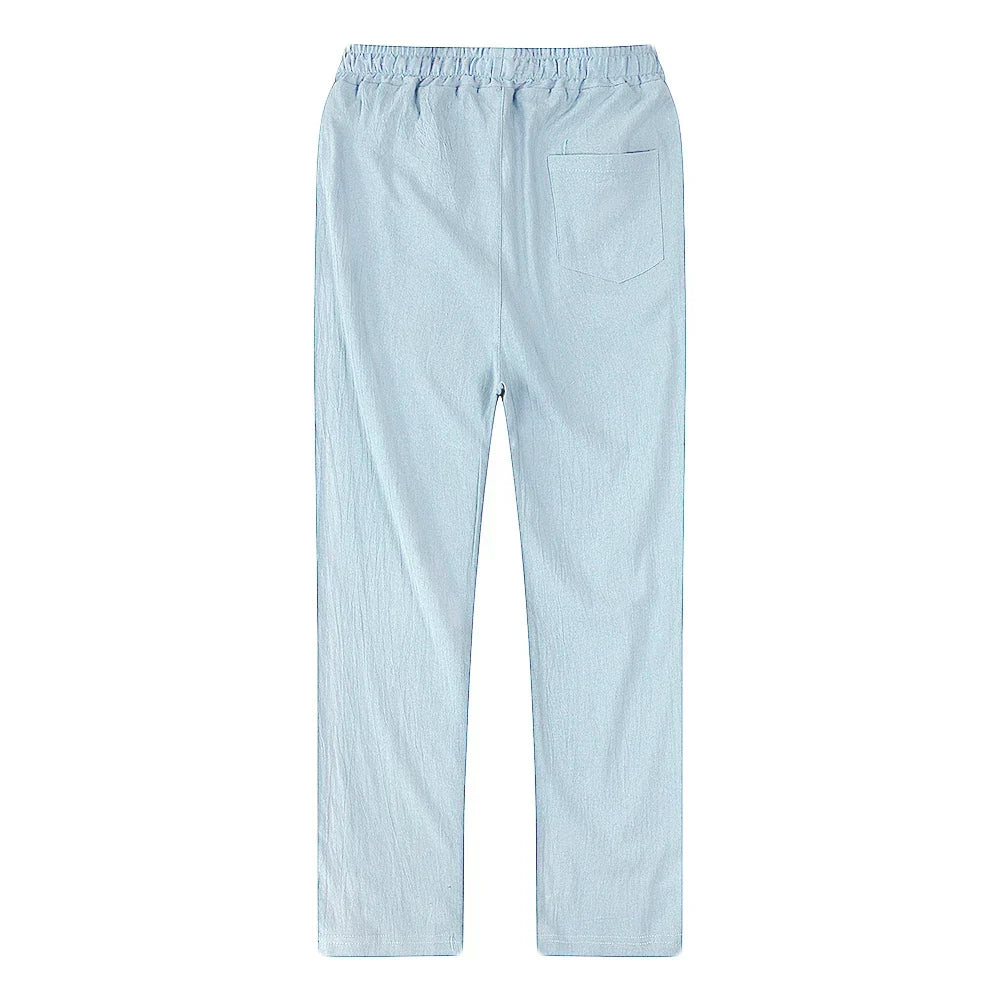 Men's casual khaki linen blend trousers, featuring a drawstring waist for summer style.