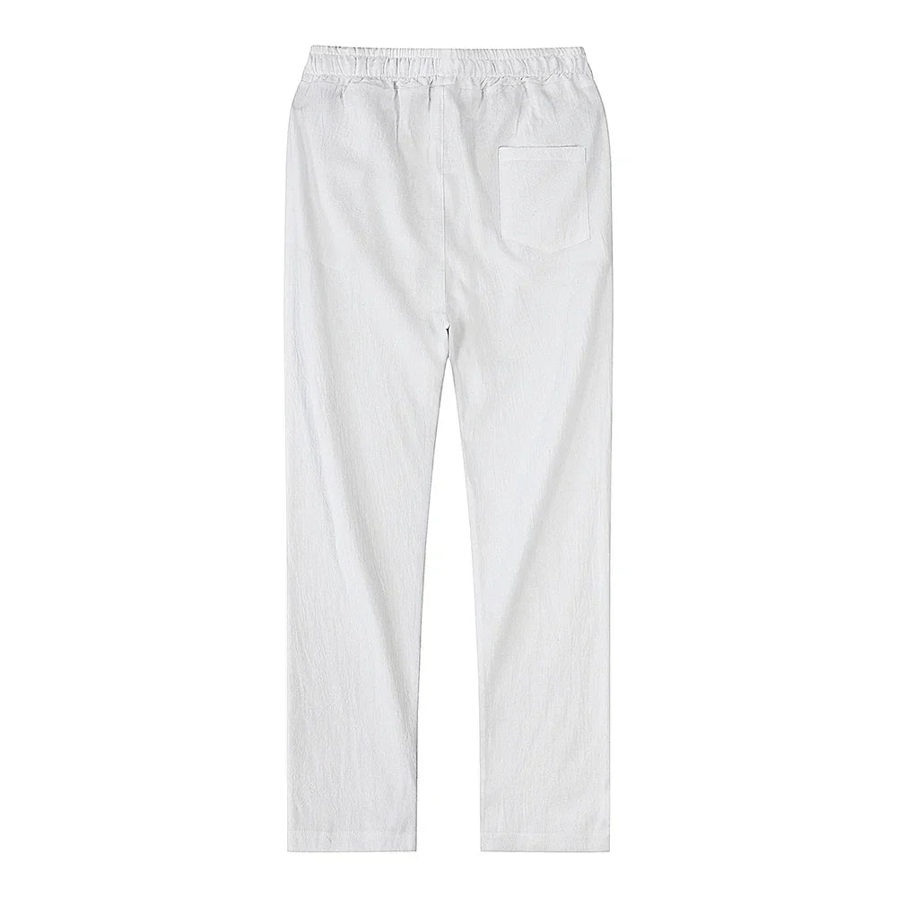 Breathable men's khaki linen blend trousers, offering a relaxed fit for casual summer days.