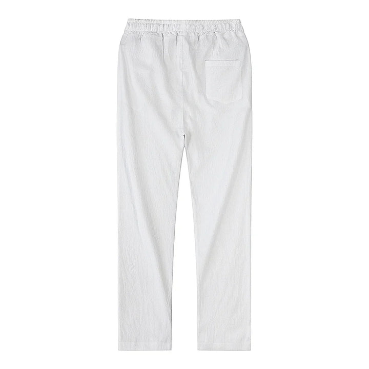 Breathable men's khaki linen blend trousers, offering a relaxed fit for casual summer days.