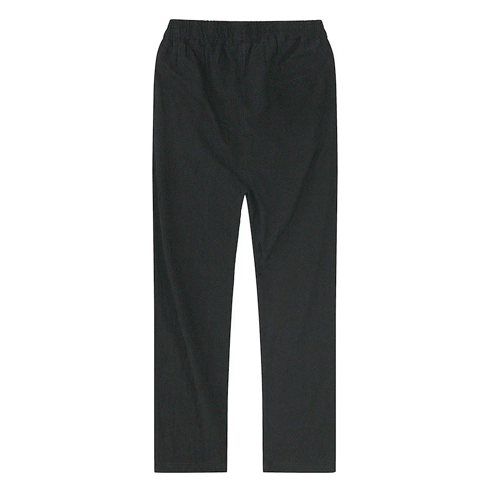Men's drawstring khaki linen blend trousers, perfect for summer casual and breathable comfort.