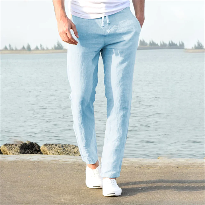 Relaxed fit men's linen blend casual trousers in khaki, perfect for breathable summer wear.