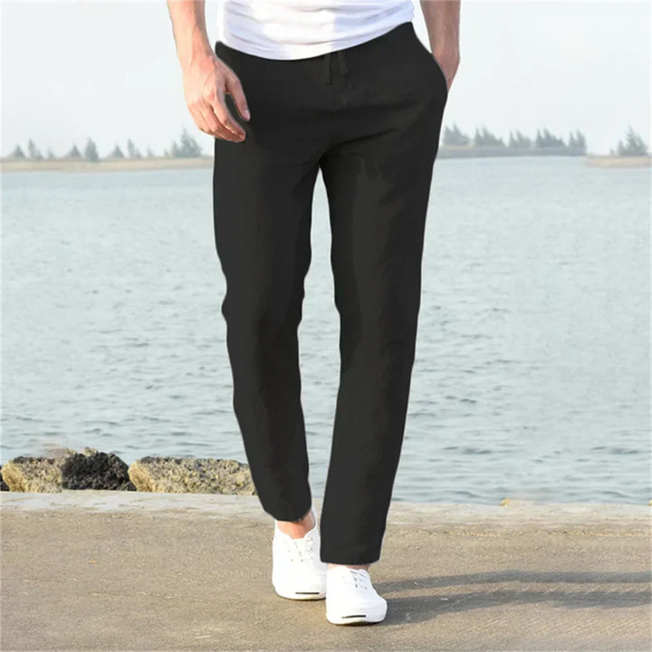Drawstring men's linen blend trousers in khaki, offering relaxed fit and summer comfort.