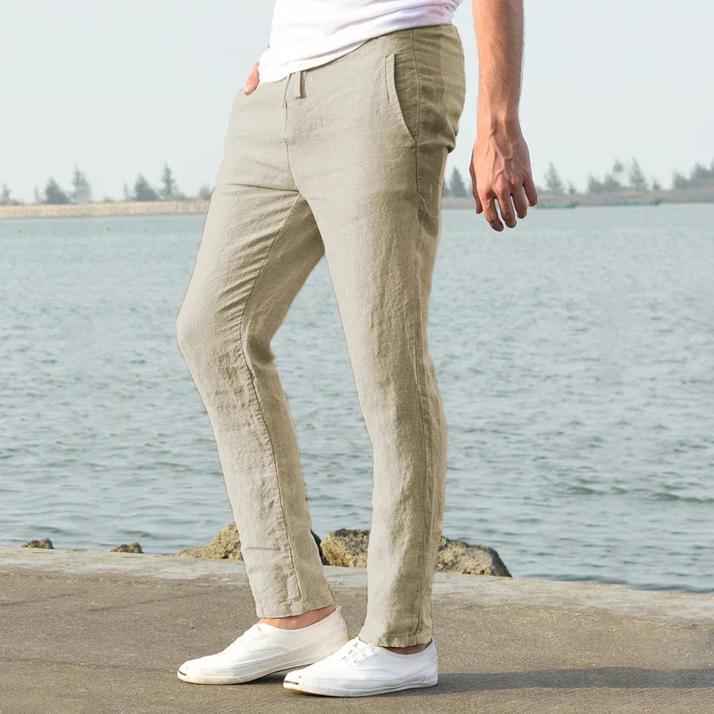Khaki linen blend casual trousers for men, featuring a comfortable relaxed fit and drawstring waist.