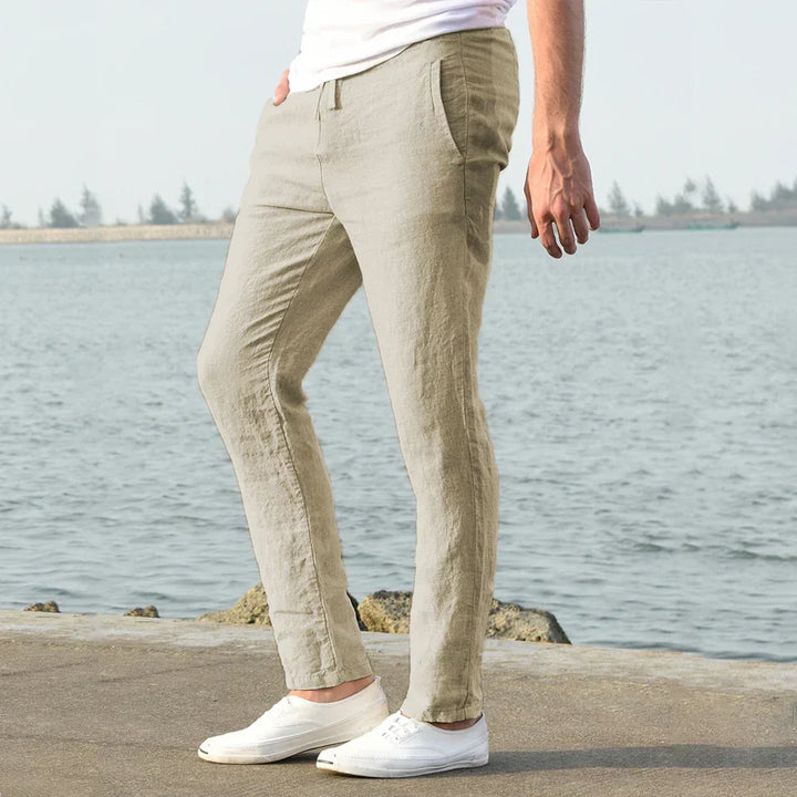 Khaki linen blend casual trousers for men, featuring a comfortable relaxed fit and drawstring waist.