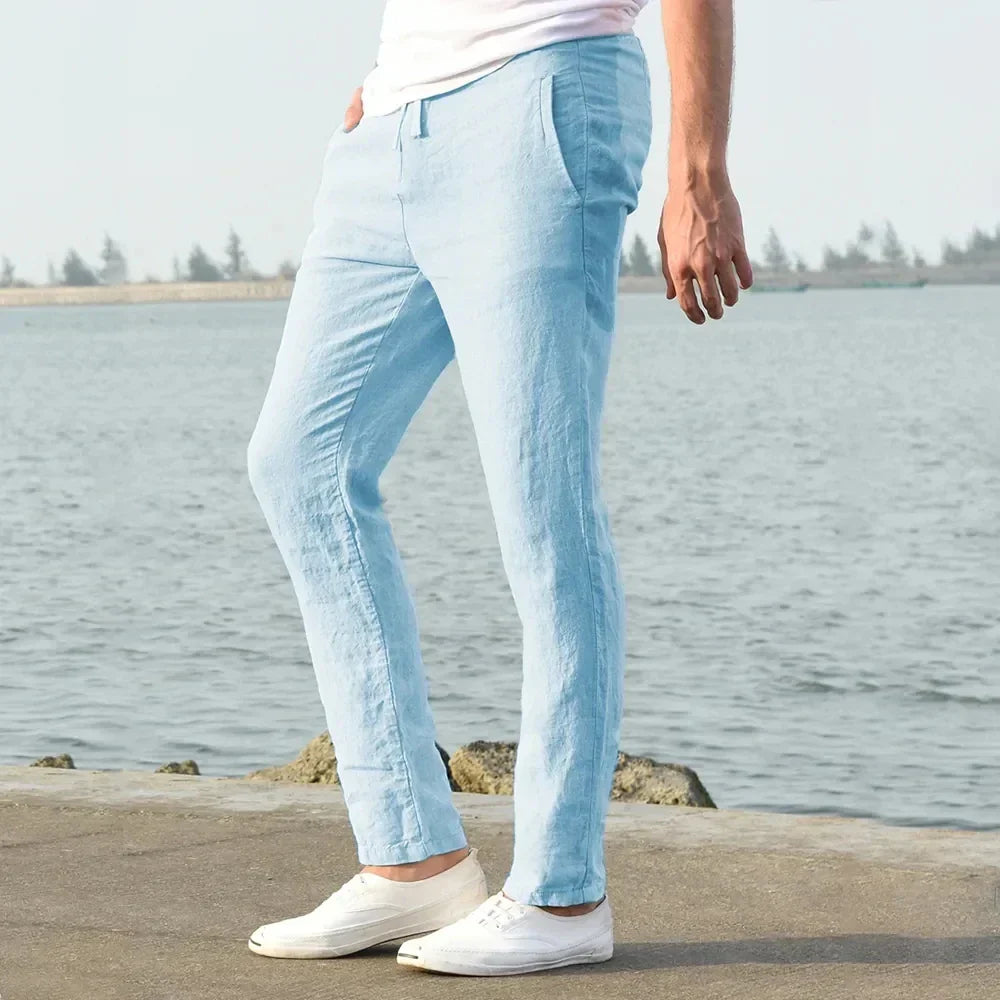 Men's summer linen blend trousers in khaki, providing breathable and relaxed casual wear.