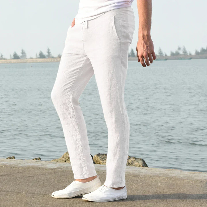 Coastal Breeze men's khaki linen blend trousers, perfect for casual, breathable summer days.