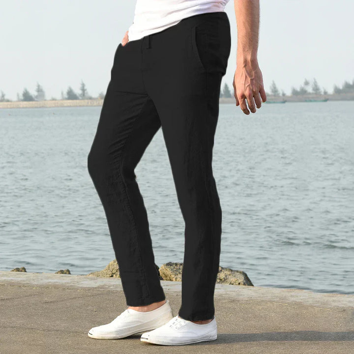 Casual men's khaki linen cotton blend trousers with drawstring for a relaxed summer fit.