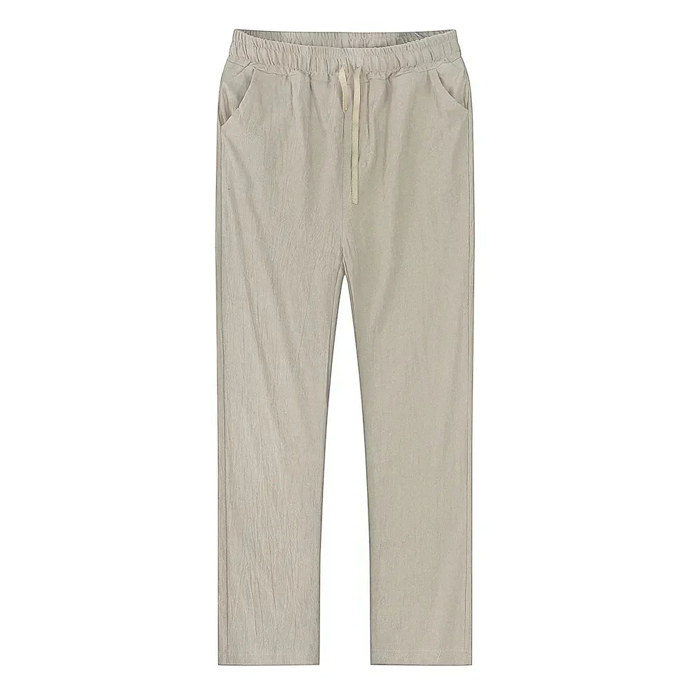 Men's relaxed fit khaki linen blend trousers, breathable and comfortable for summer casual style.