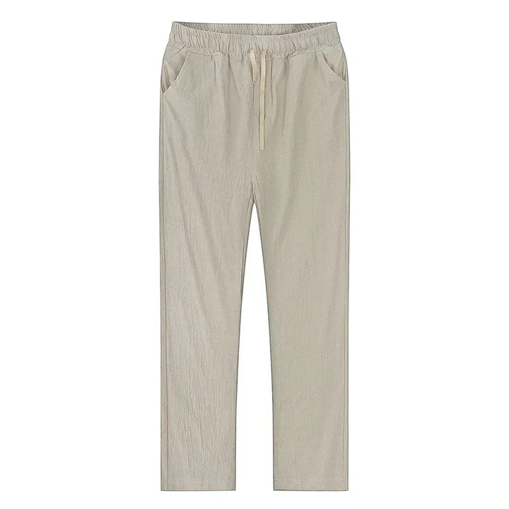 Men's relaxed fit khaki linen blend trousers, breathable and comfortable for summer casual style.