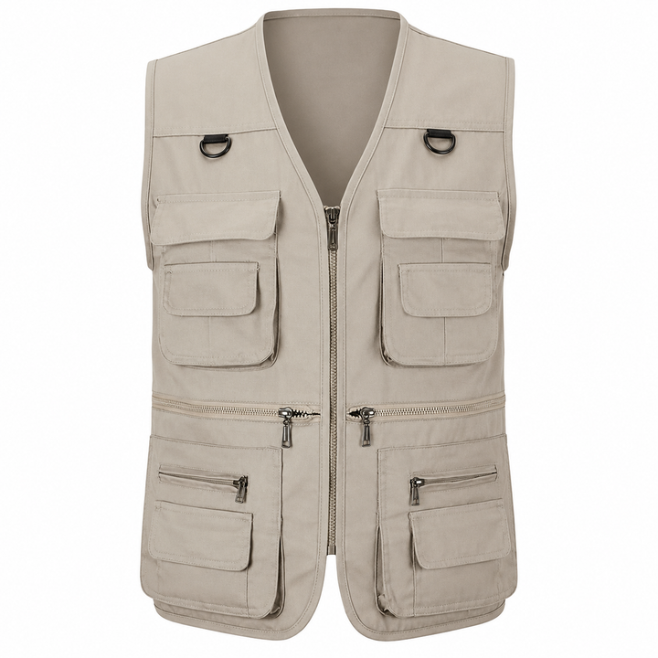 Men's khaki multi-pocket hiking vest, ideal for outdoor adventures, fishing, camping, and travel.
