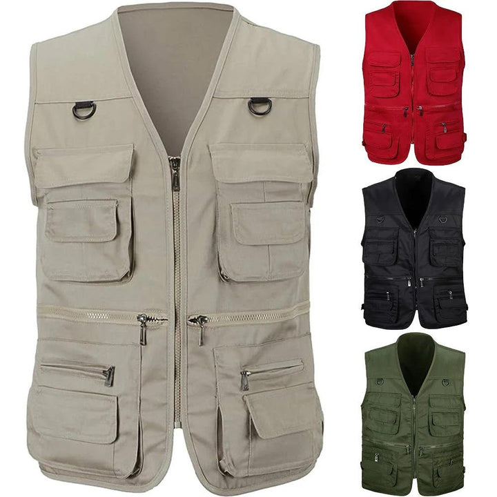 Army green men's utility vest with multiple pockets for hiking, fishing, and outdoor adventure gear.