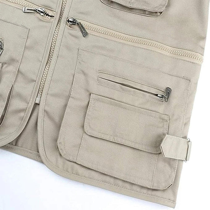 Red men's multi-pocket fishing vest, perfect for hiking, outdoor adventures, and utility wear.