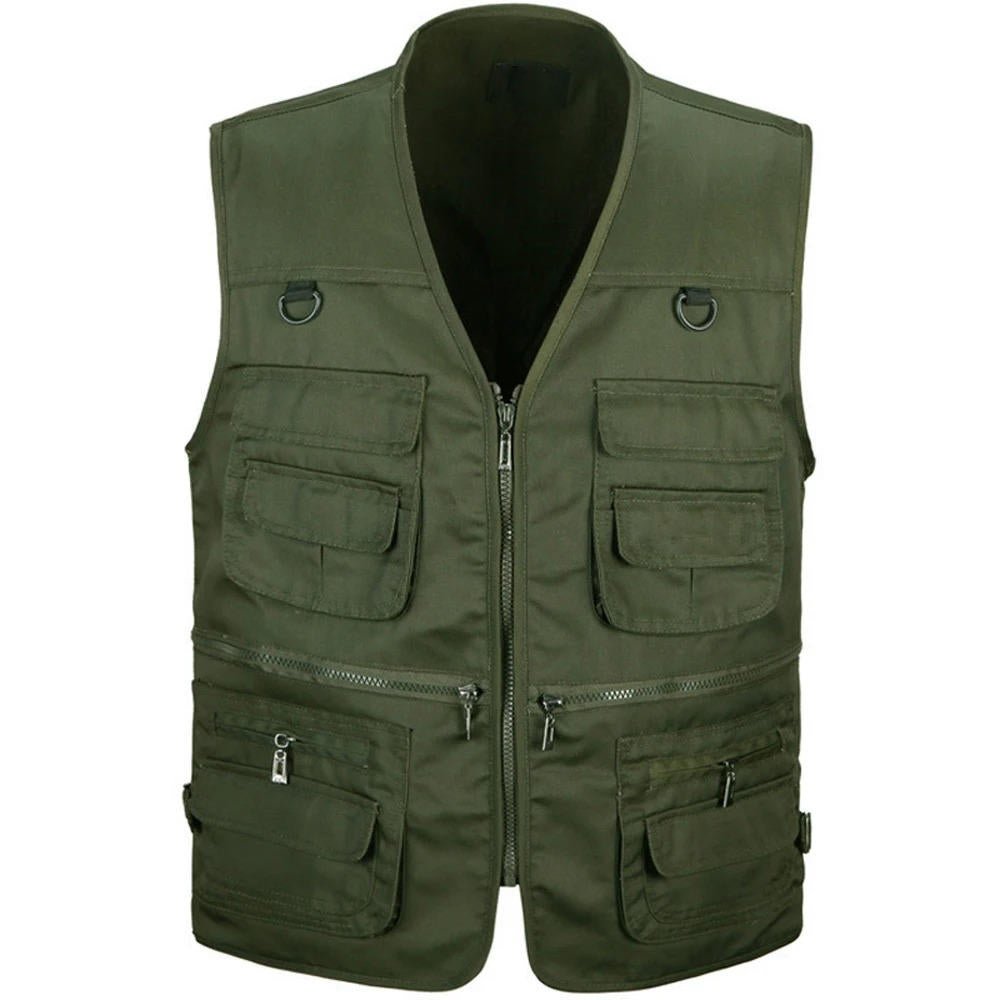Durable men's hiking vest with many pockets, essential outdoor gear for camping and travel.