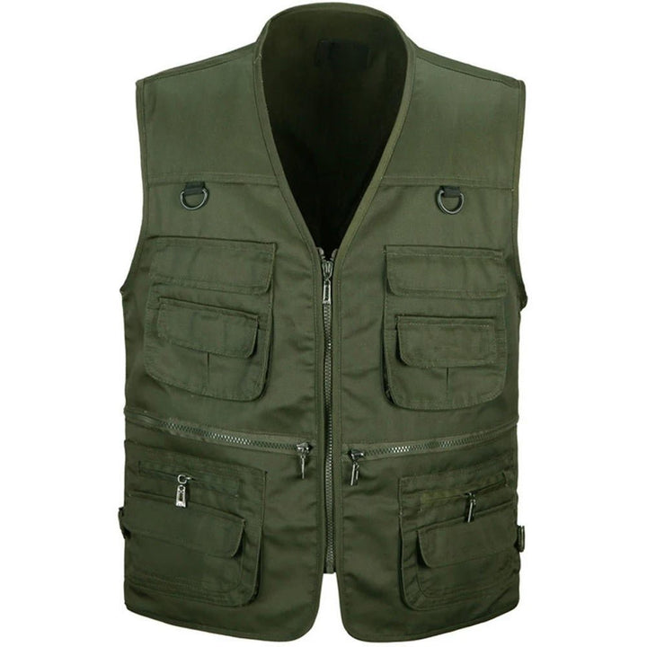 Durable men's hiking vest with many pockets, essential outdoor gear for camping and travel.