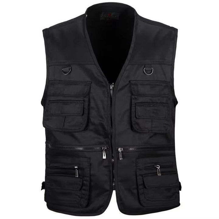 Khaki men's adventure wear vest, a practical multi-pocket sleeveless jacket for hiking and fishing.