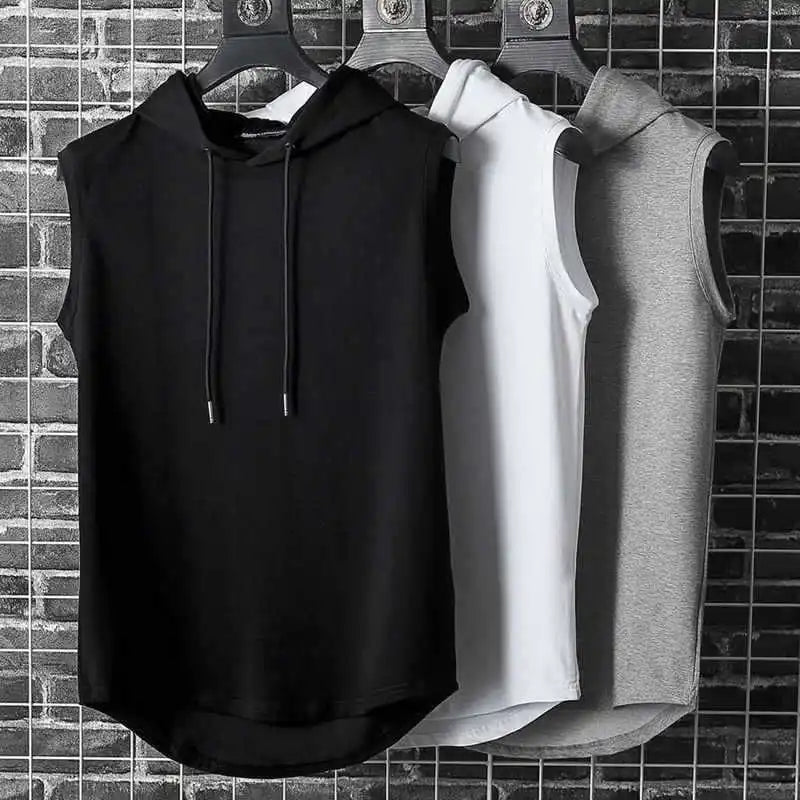 Men's Kinetic sleeveless workout hoodie in black, perfect for gym, fitness & activewear. Moisture-wicking performance.
