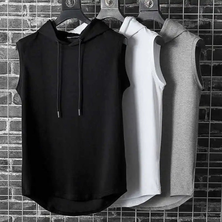 Men's Kinetic sleeveless workout hoodie in black, perfect for gym, fitness & activewear. Moisture-wicking performance.
