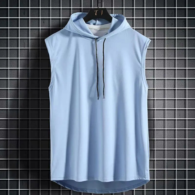 Modern men's Kinetic sleeveless activewear hoodie. Sleek hooded vest design, perfect for fitness & everyday style.