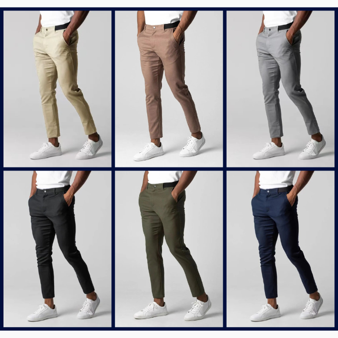 Modern men's Kingston stretch pants, tailored fit chinos for casual outfits or smart workwear.