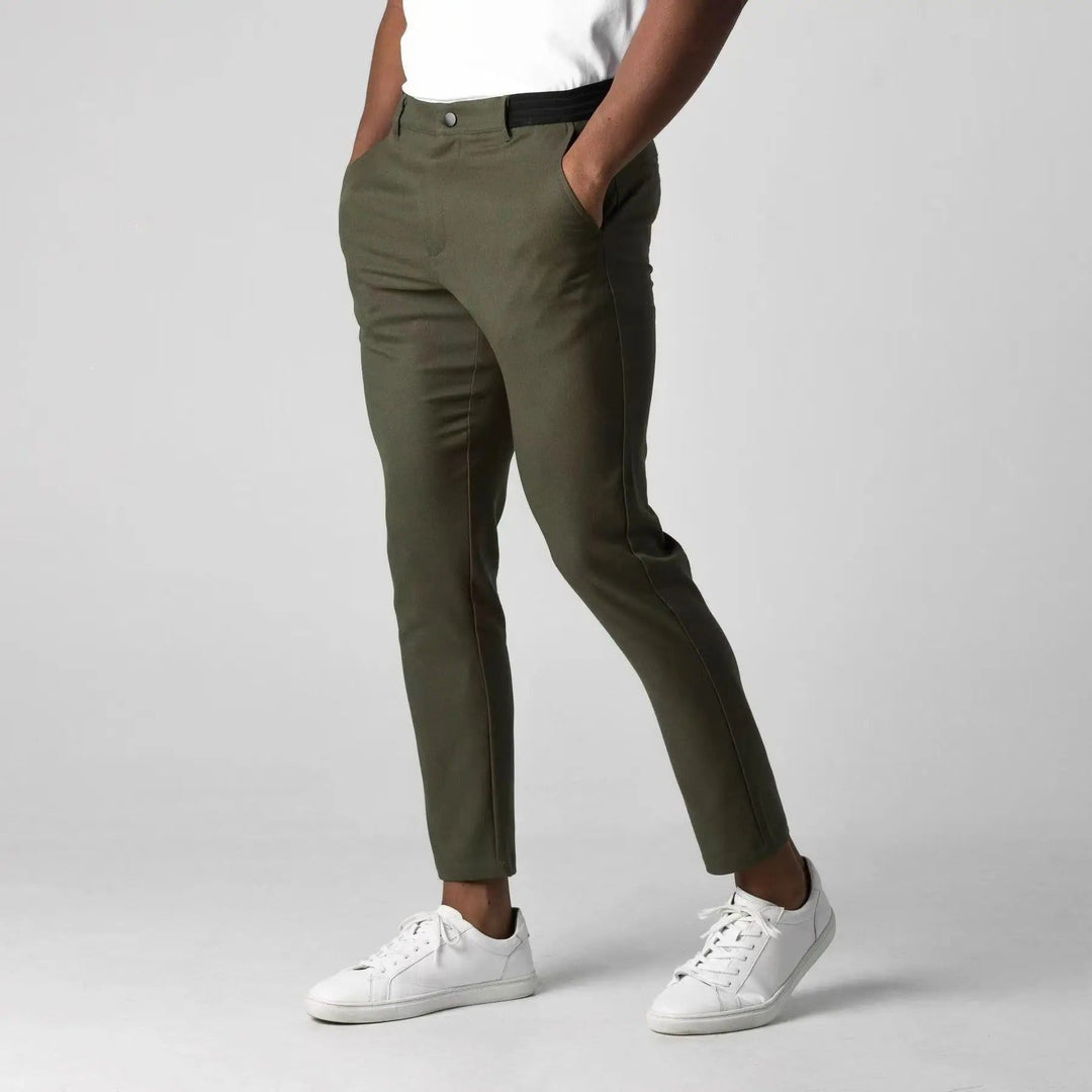 Green men's Kingston stretch chinos, a comfortable cotton blend for casual or workwear.
