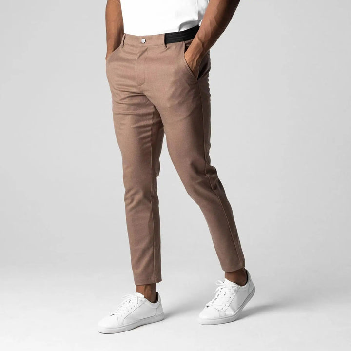Cotton blend Kingston stretch chinos for men, offering a comfortable tailored fit for any occasion.