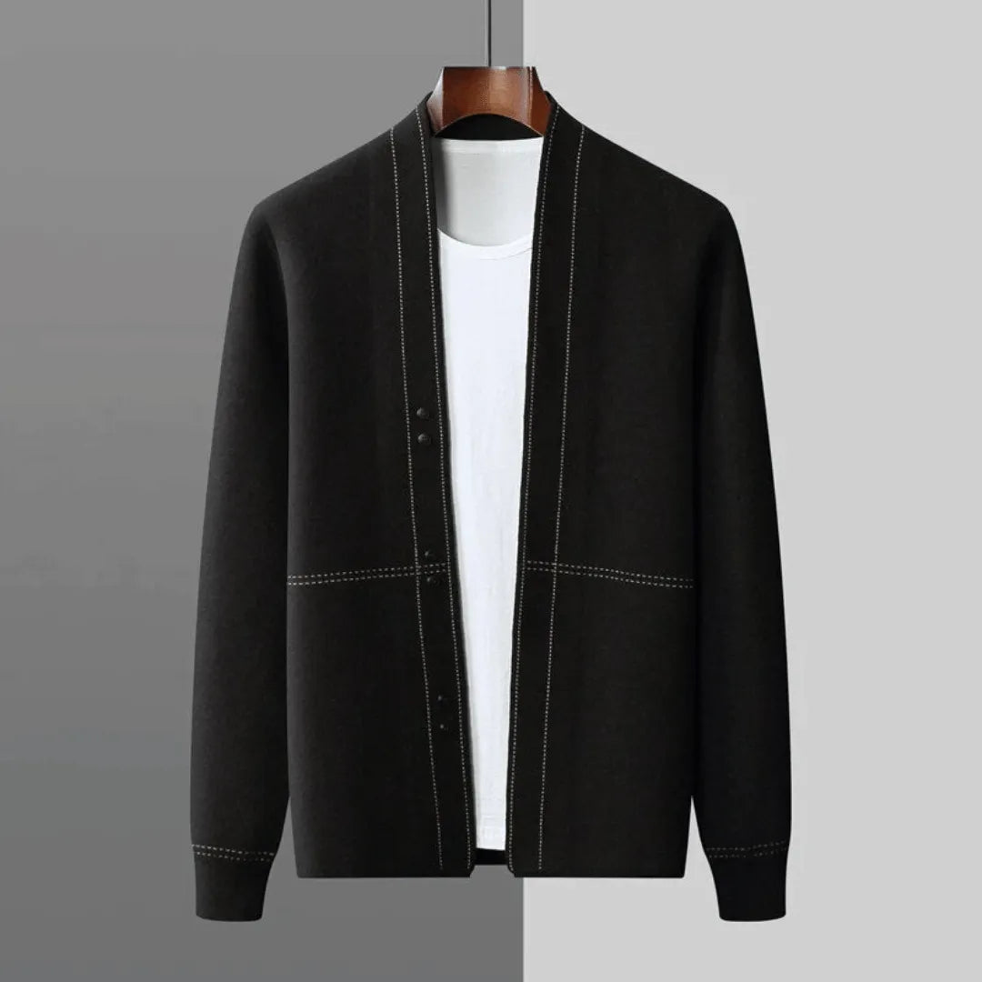 Button-front men's knit cardigan, a classic versatile layering piece for smart casual and everyday wear.
