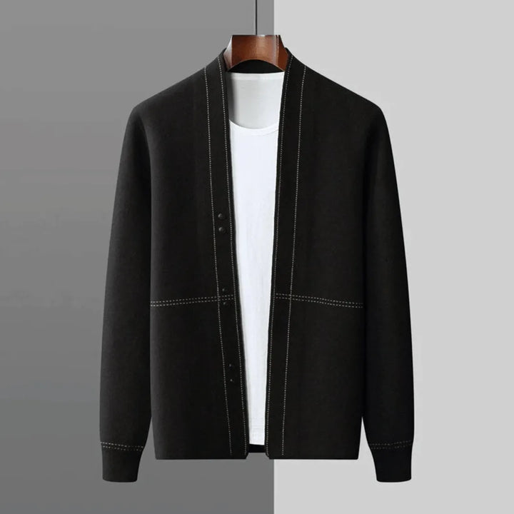 Button-front men's knit cardigan, a classic versatile layering piece for smart casual and everyday wear.